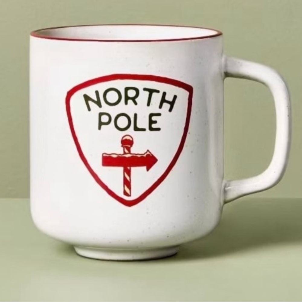 HEARTH & HAND NWT ceramic North Pole holiday mug -white/red
